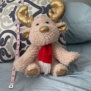 Plush Reindeer Stuffed Animal — Cream with Gold Accents and Red Scarf